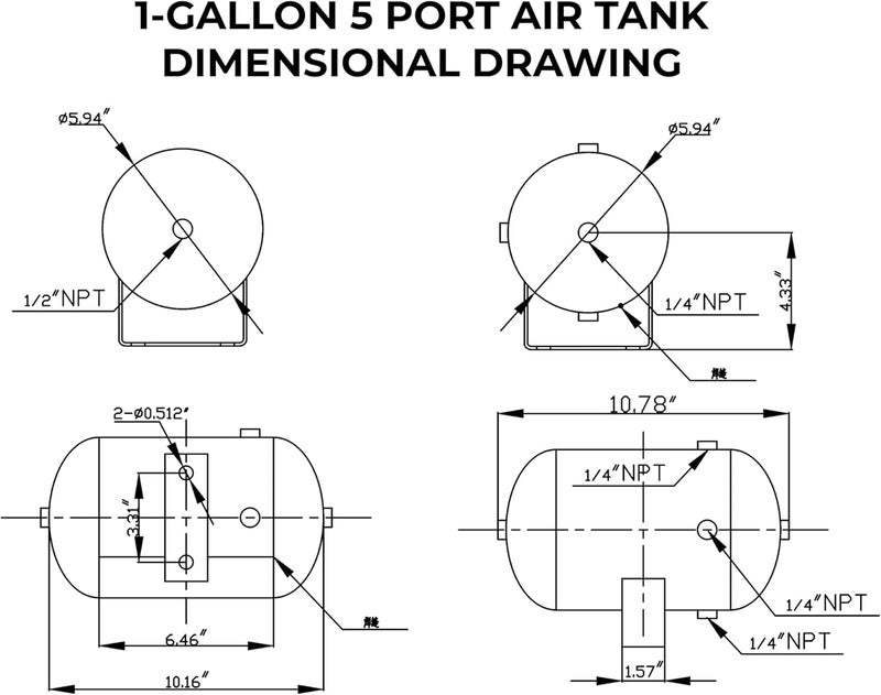 HornBlasters 1-Gallon (1.78 Liters) 5 Port Steel Air Tank - Powdercoat Finish - One 1/2" NPT Port & Four 1/4" NPT Ports - Image 4